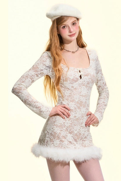 Lace Fur-Trimmed Long Sleeve Dress
