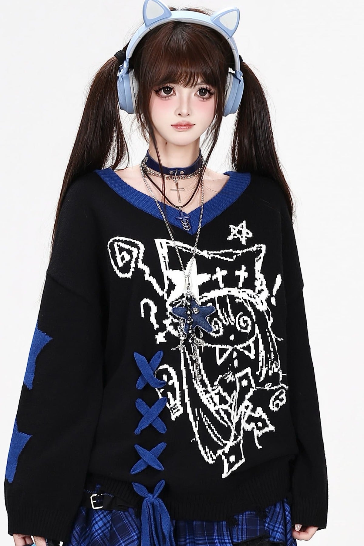 Anime V-Neck Tie Knit Pullover Sweater