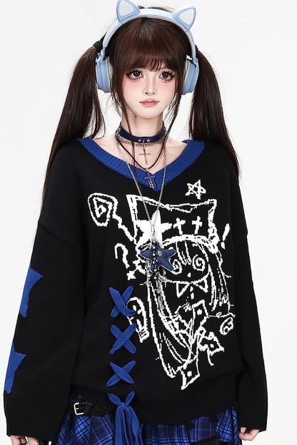 Anime V-Neck Tie Knit Pullover Sweater