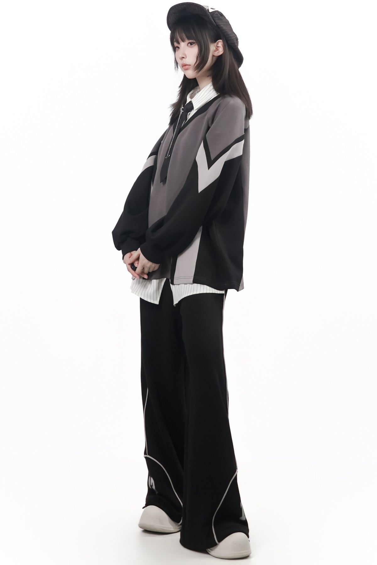 Black Gray Color Block Chain Tie Sweatshirt And Pants Set-Up