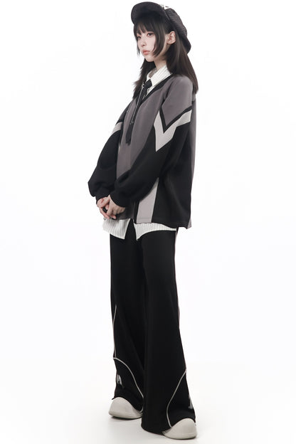 Black Gray Color Block Chain Tie Sweatshirt And Pants Set-Up