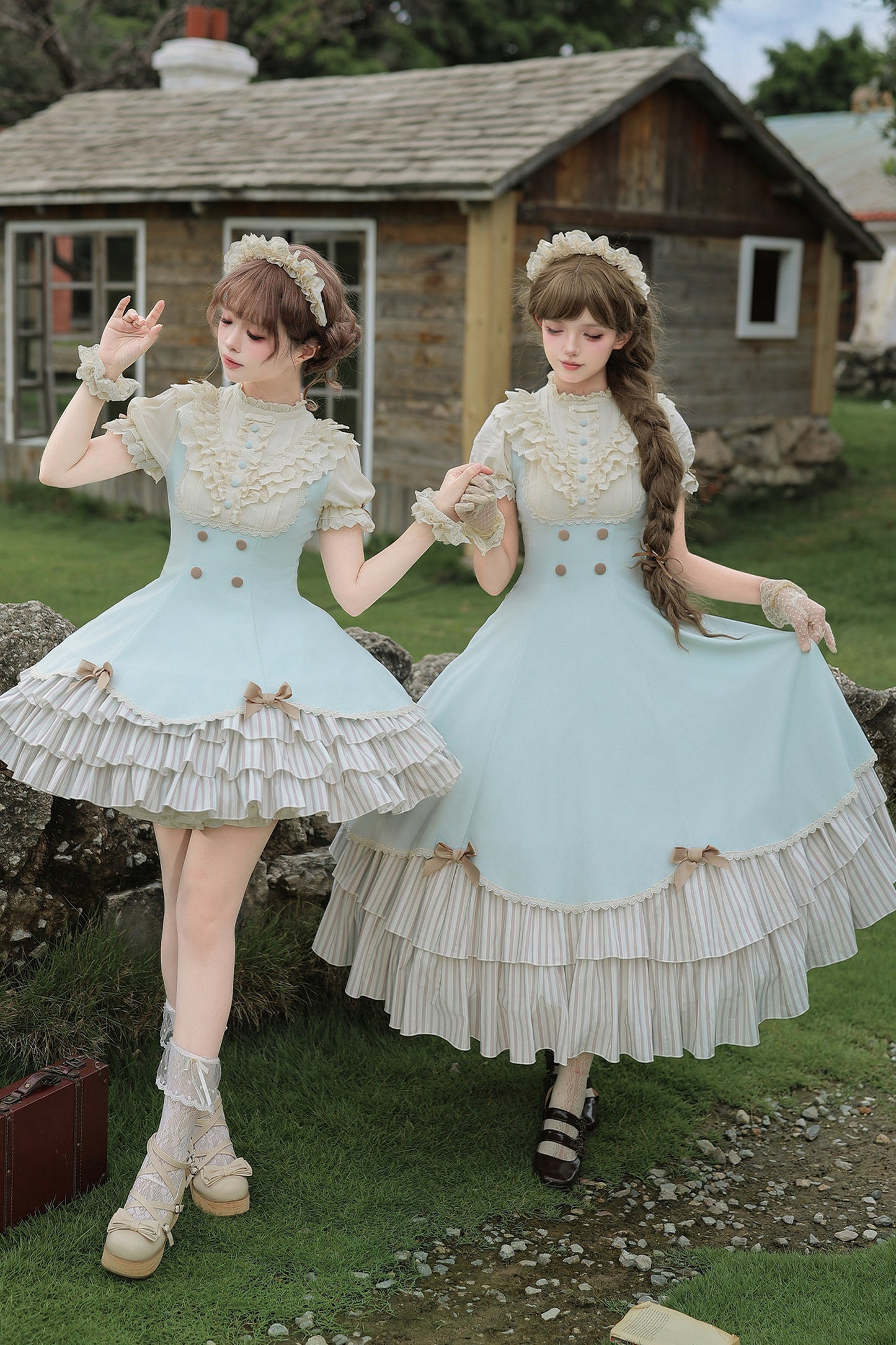 Lace Stand Collar Petal Hem Ruffle Dress