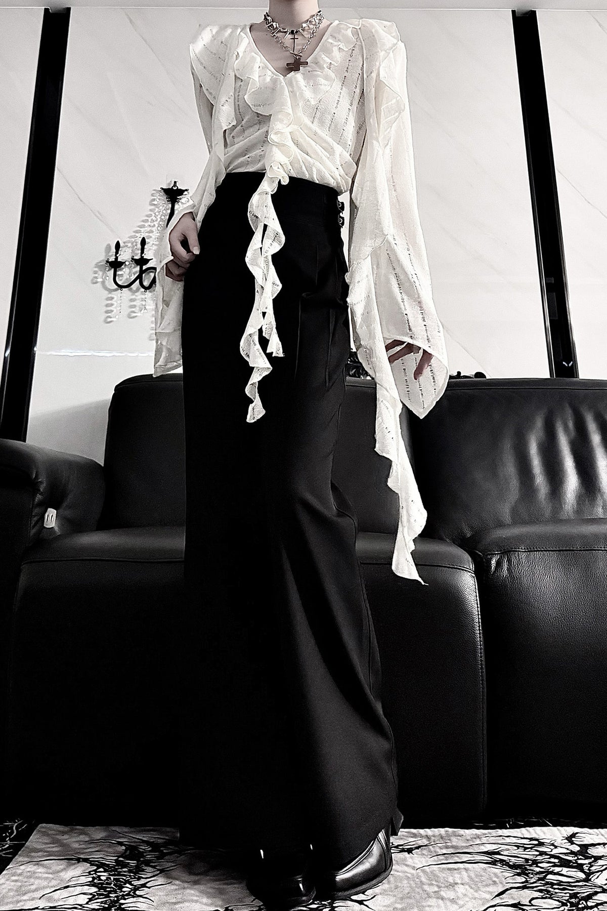 Ruffle V-Neck Lace Blouse