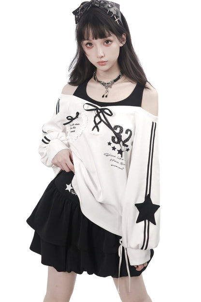 Off-Shoulder Layered Star Graphic Top & Bubble Skirt Set-Up
