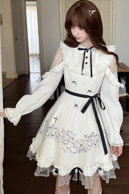 긴소매 토끼 프린트 피터팬 칼라 원피스