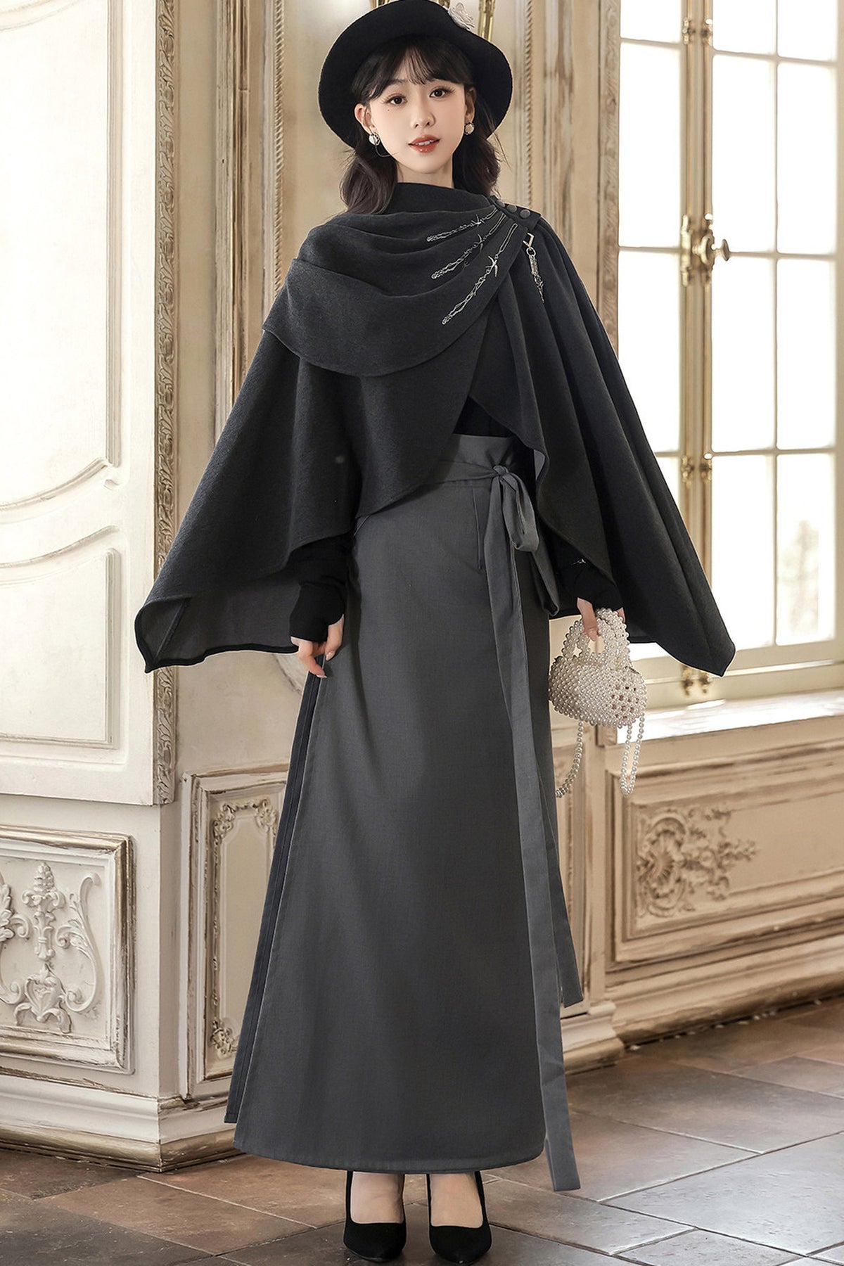 Ensemble jupe et cape en laine de style chinois