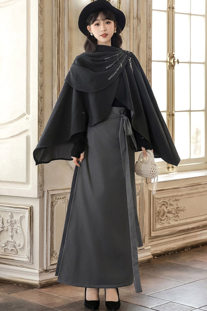 Ensemble jupe et cape en laine de style chinois