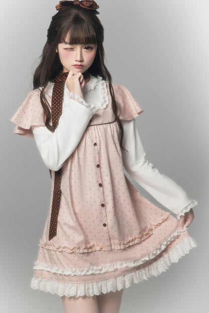 Pink Brown Polka Dot A-Line Layered-Look Dress