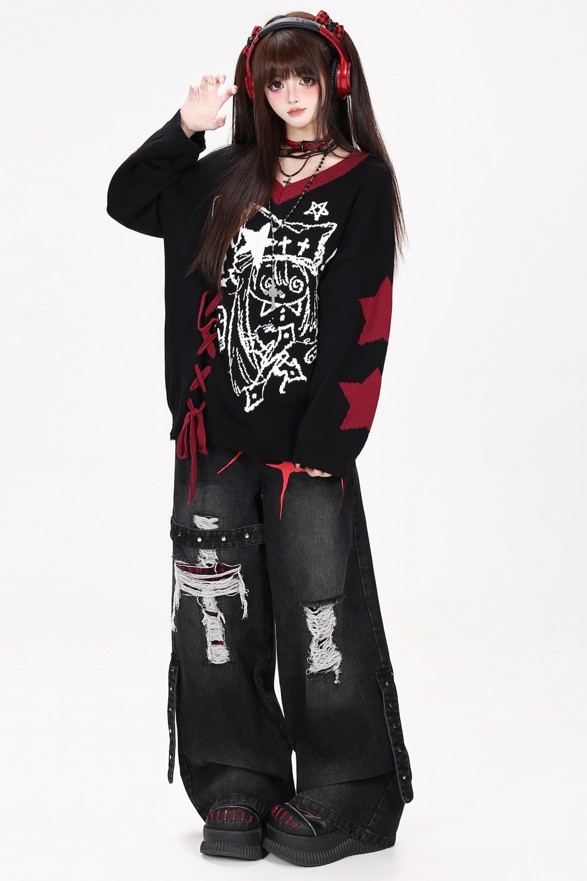 Anime V-Neck Tie Knit Pullover Sweater