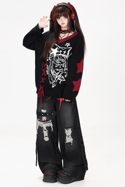Anime V-Neck Tie Knit Pullover Sweater