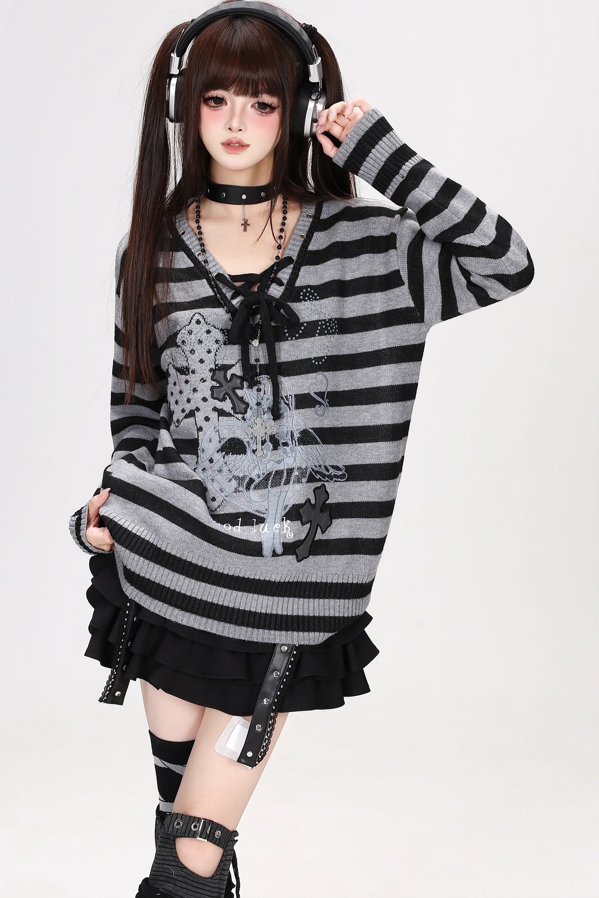 Strappy V-Neck Striped Pullover Sweater