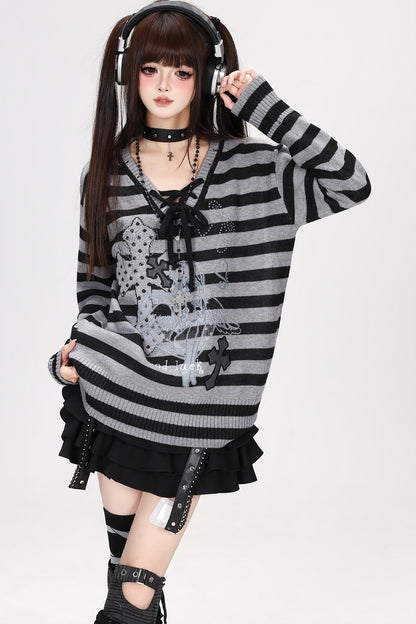 Strappy V-Neck Striped Pullover Sweater