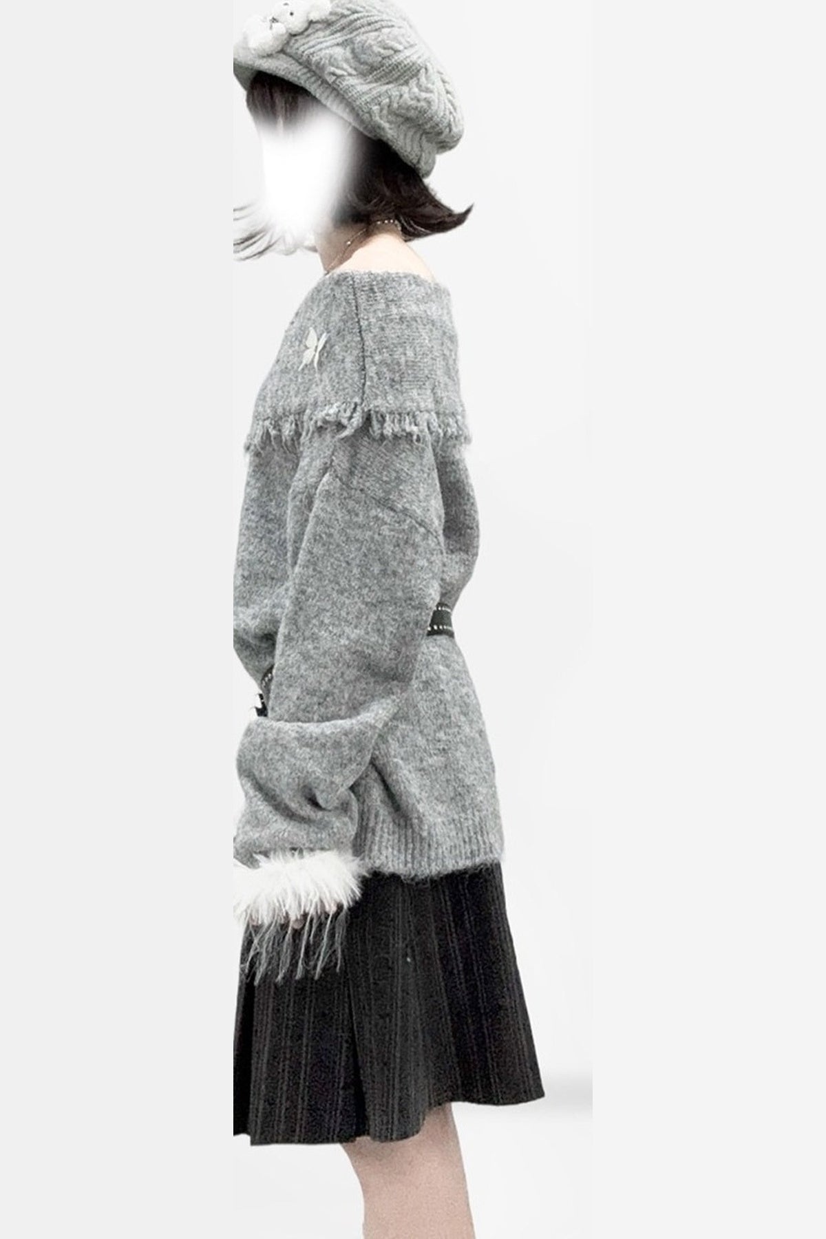 Gray Off-Shoulder Bow Sweater
