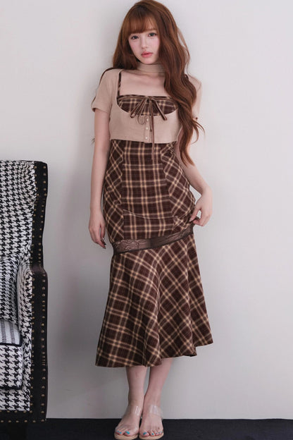[Vorbestellung] Klassisches kariertes langes Kleid + Cardigan