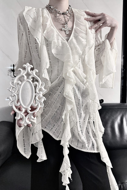 Ruffle V-Neck Lace Blouse