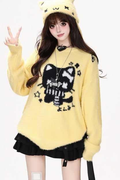 Cat Jacquard Loose Knit Pullover Sweater