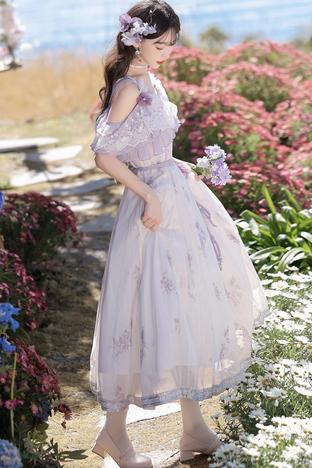 Wisteria Flower New Chinese Style Suspender Skirt and Top Set