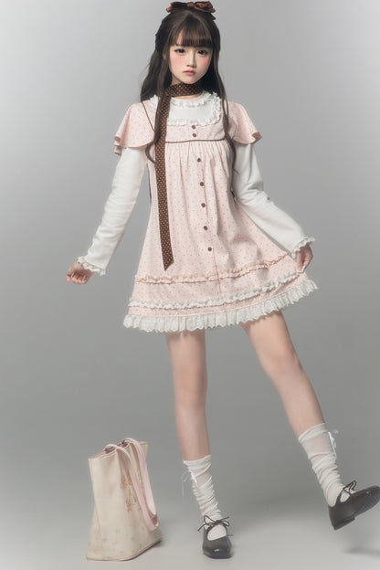 Pink Brown Polka Dot A-Line Layered-Look Dress