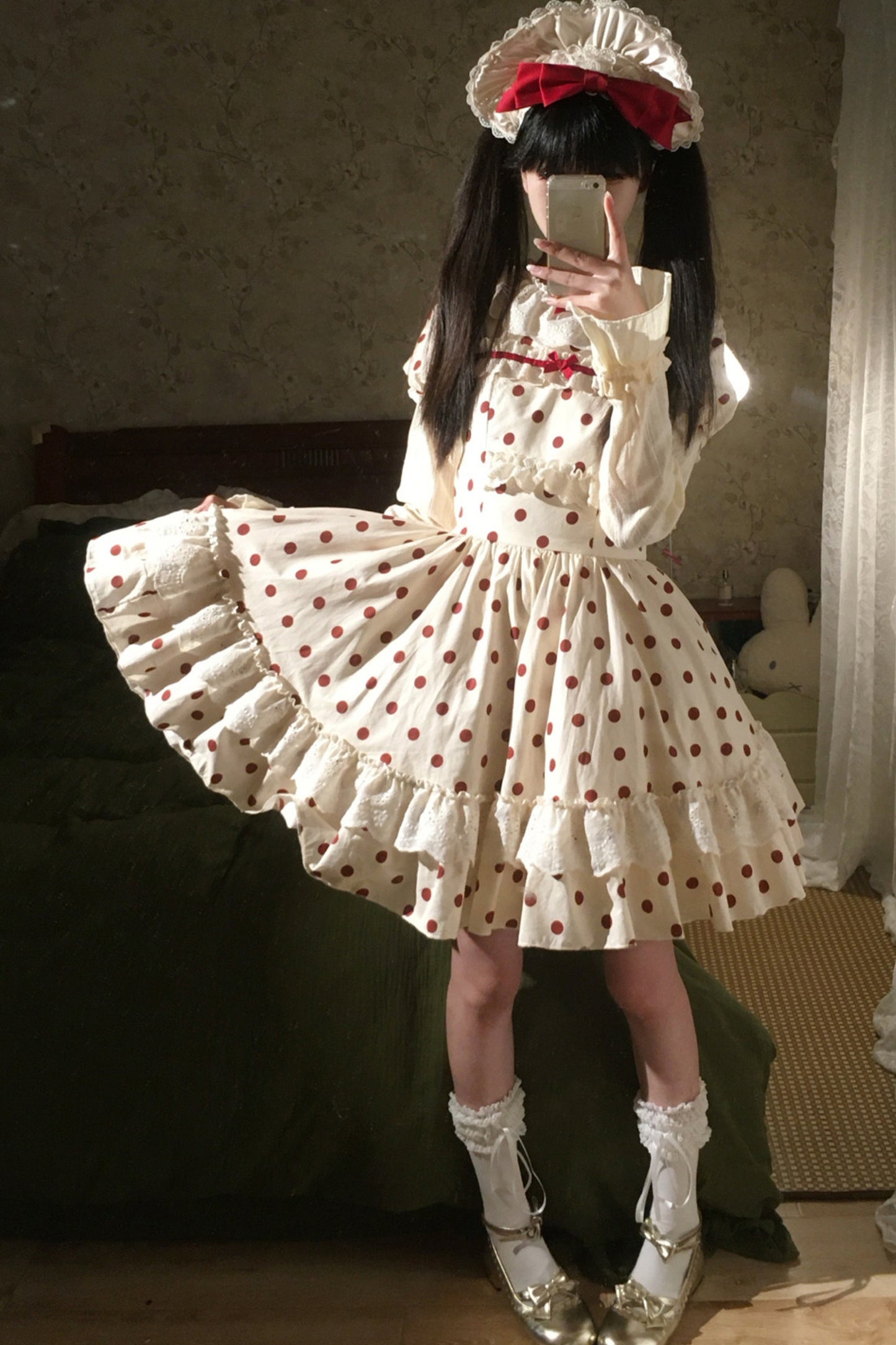 Cotton Polka Dot Print OP Dress Set-Up