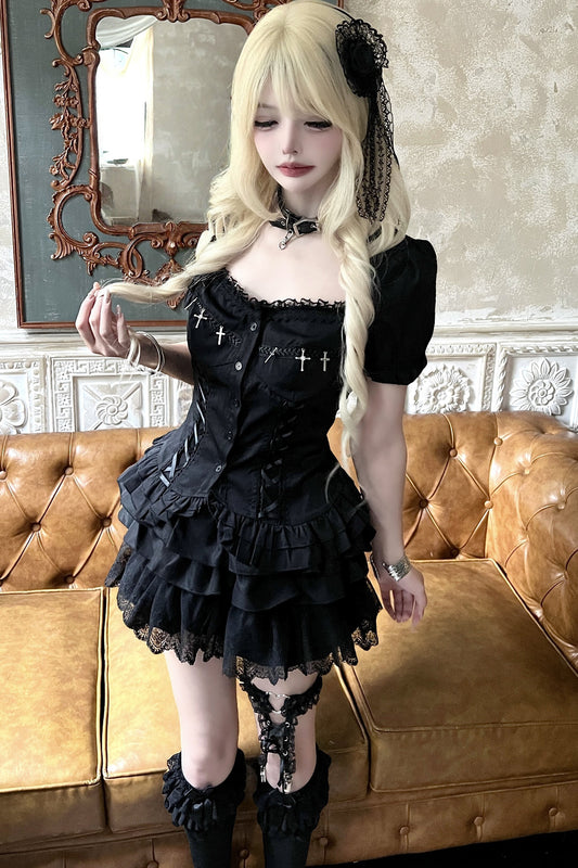 Black Cross Lace Top and Ruffle Skirt Set