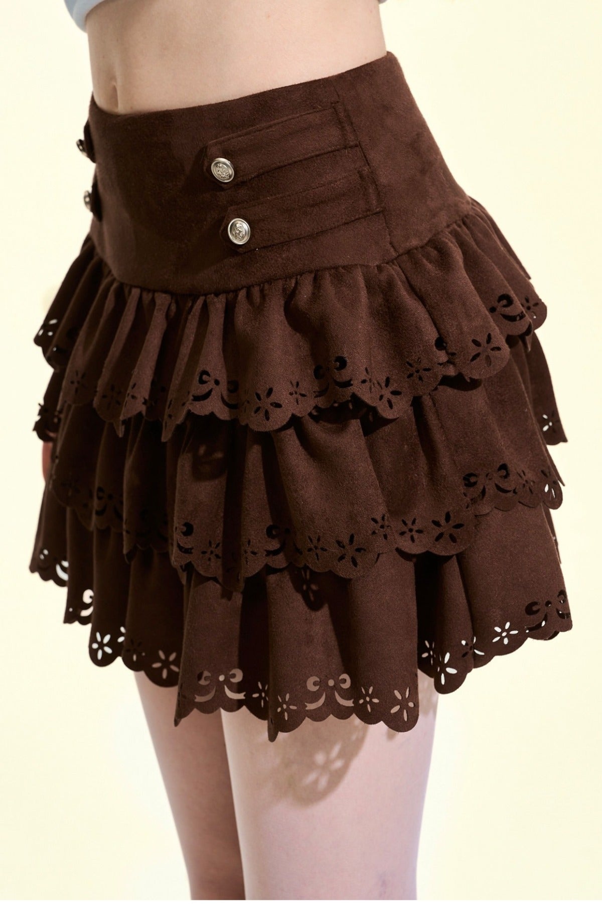 Brown Suede Multi-Layered Ruffle Cake Skirt