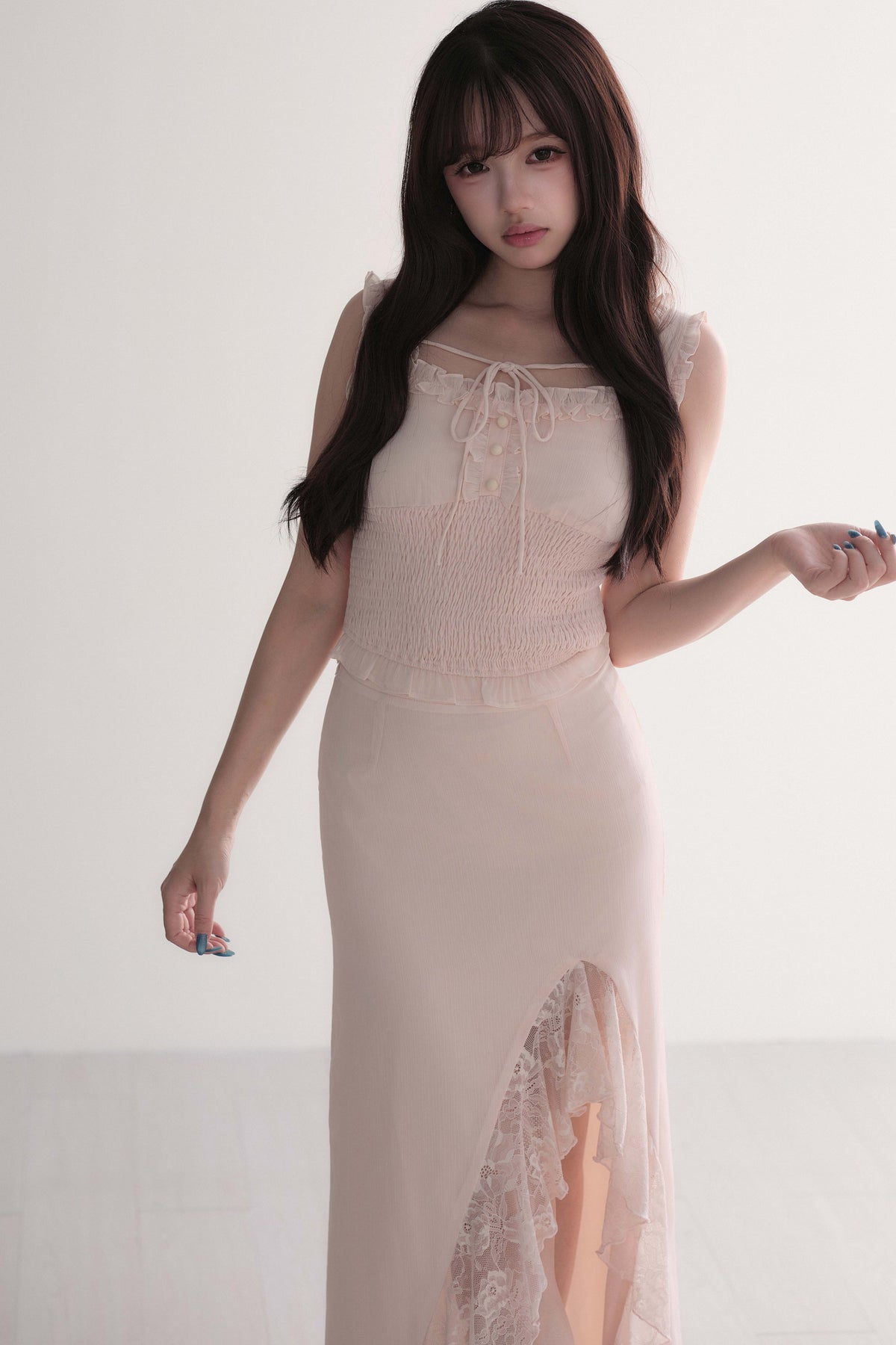 Elegant Ruffle Top & Lace Slit Skirt Set