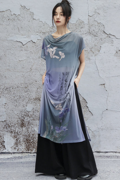 Blaues Oberteil im China-Stil mit Farbverlauf