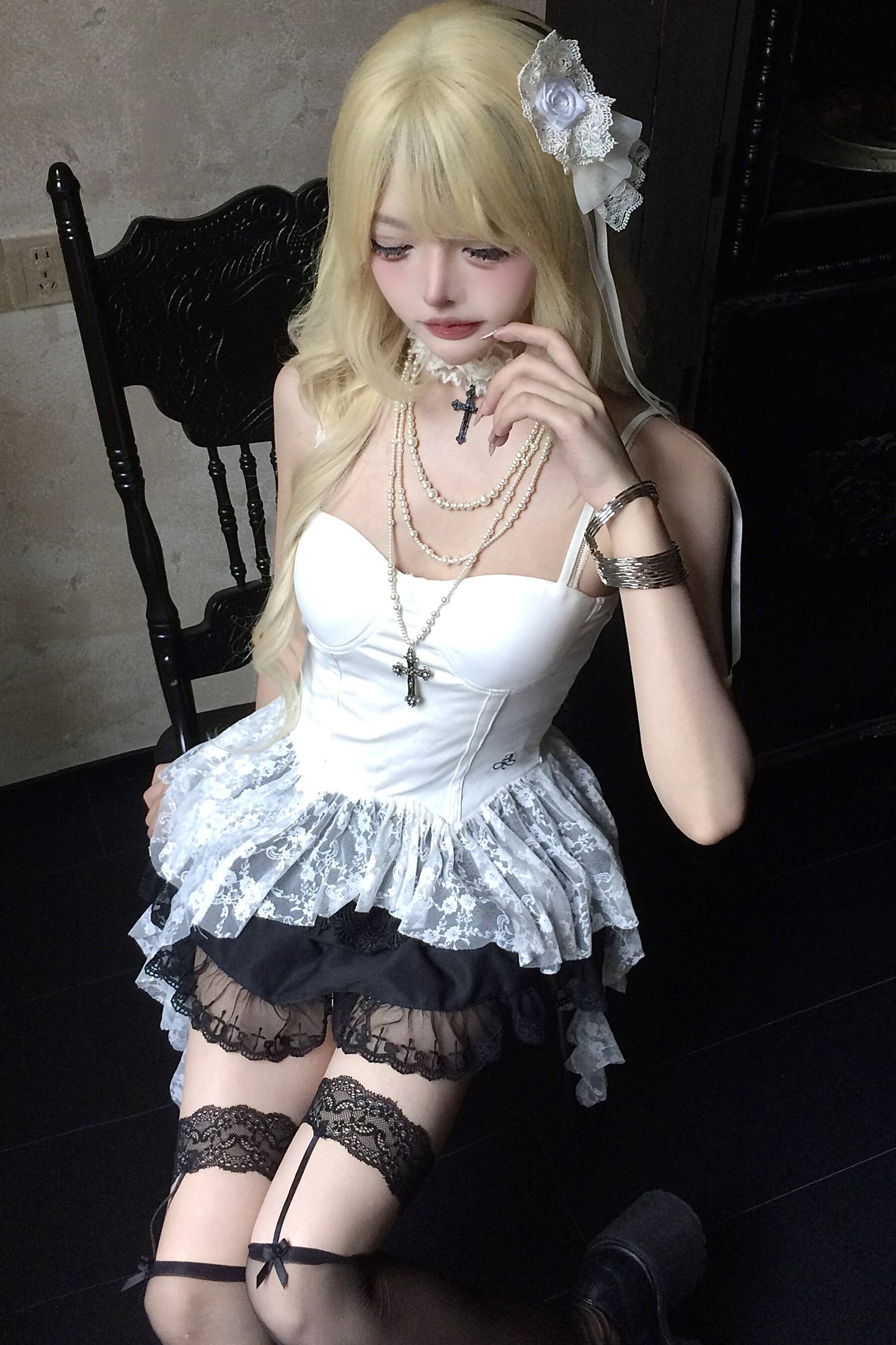 White Lace Spliced Irregular Strap Dress