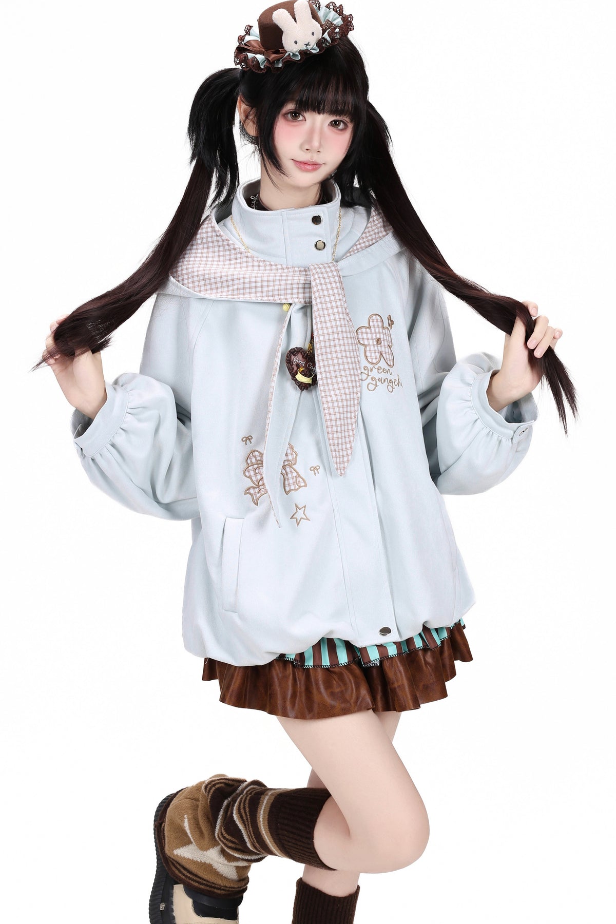 Plaid Bow Embroidered Hooded Suede Jacket