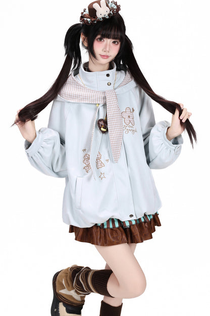 Plaid Bow Embroidered Hooded Suede Jacket