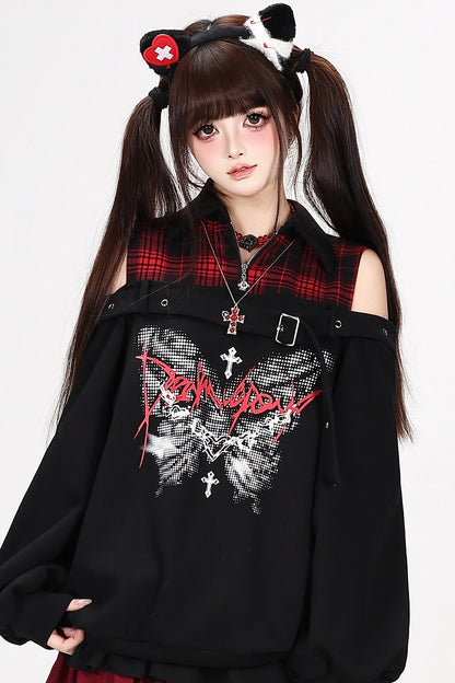 Plaid Butterfly Print Loose Sweatshirt