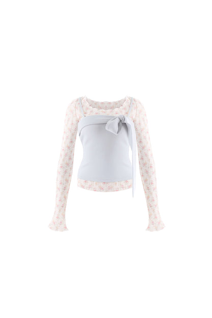 Blue White Floral Top and Off-White Short Skirt Set-Up