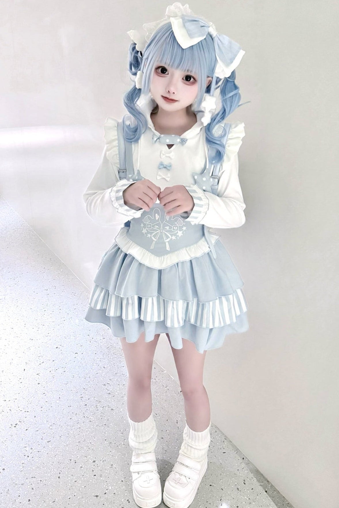 Bunny Ear Hooded Sweatshirt Suspender Skirt With Top Set-Up