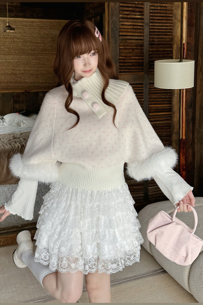 Ensemble jupe et pull cape rose en fausse fourrure