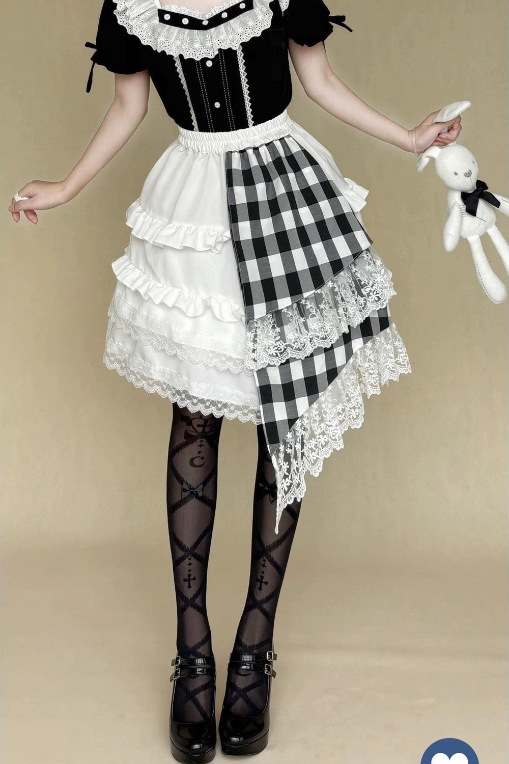Lace Trim Plaid Skirt + Top + Hair Accessories
