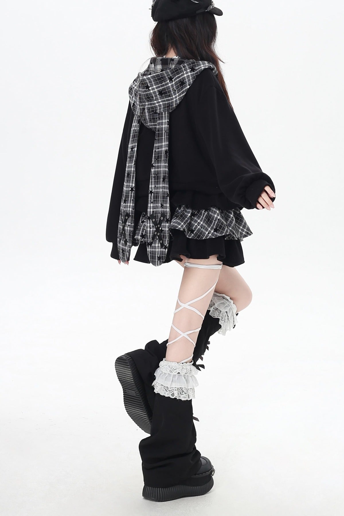 Plaid Rabbit Ear Embroidered Hooded Jacket