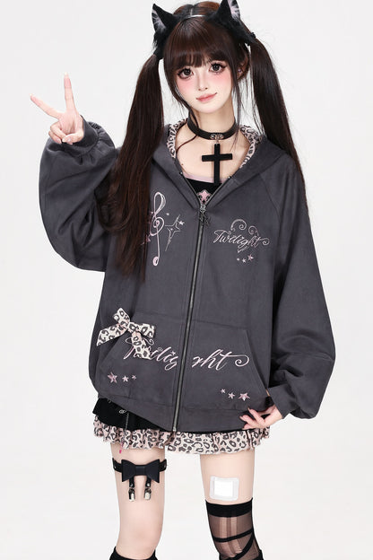 Leopard Musical Note Embroidery Hooded Jacket