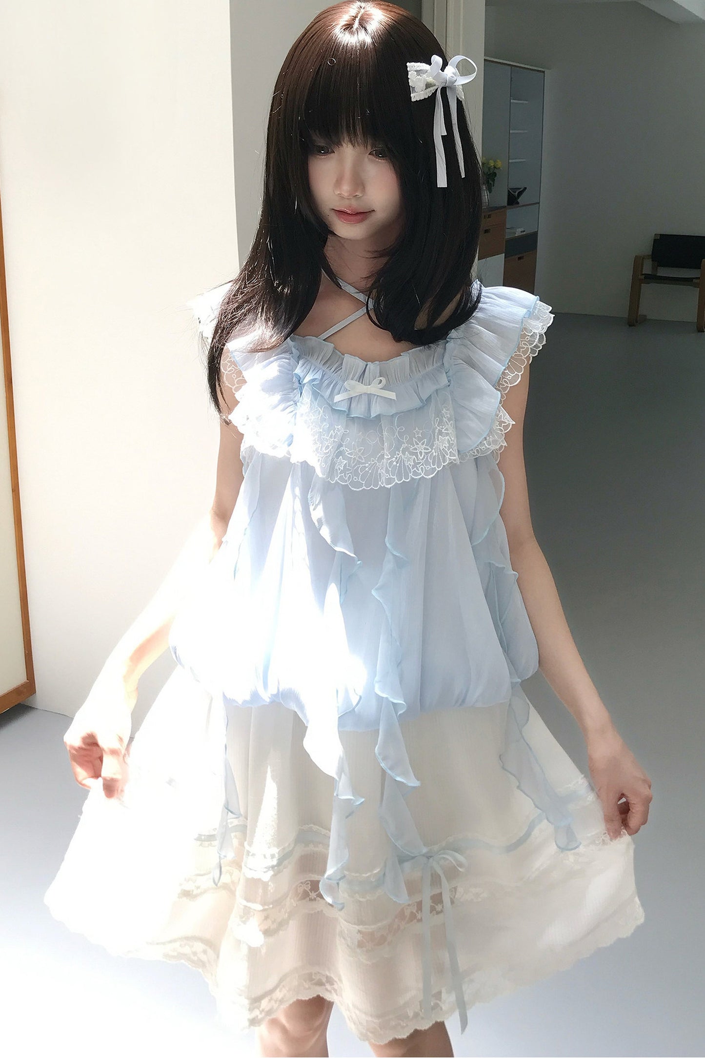 ミルキーブルー姫フリルトップス＋スカート