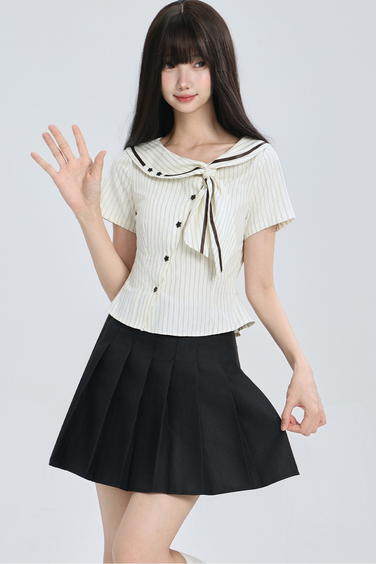 Striped Navy Collar Star Button Blouse