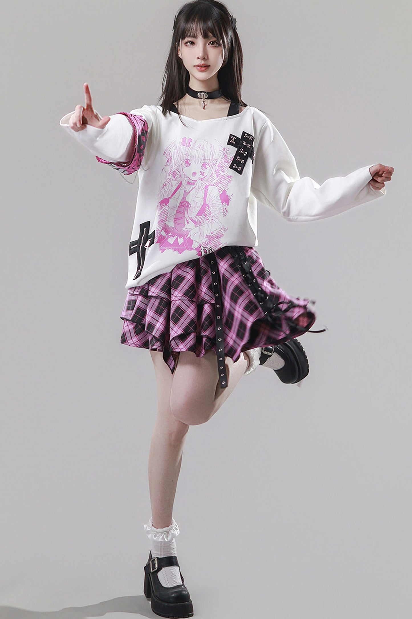 Cross-Decorated Armband Shoulder Strap T-Shirt