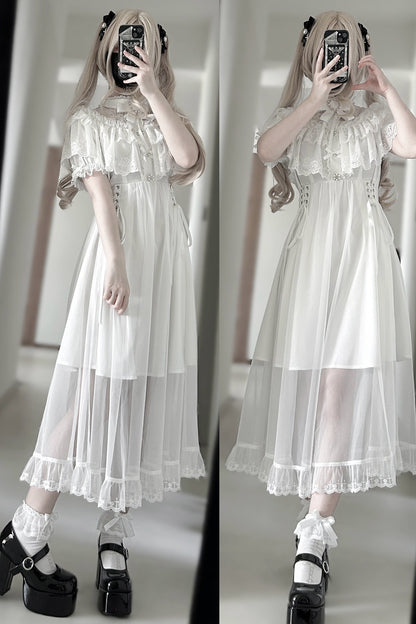 Elegant Lace Cape Long Dress