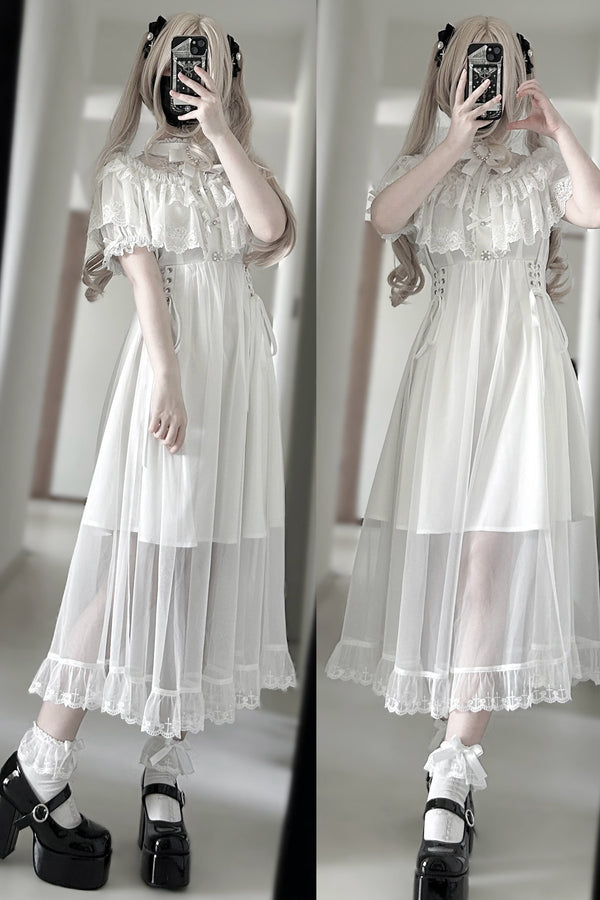 Elegant Lace Cape Long Dress