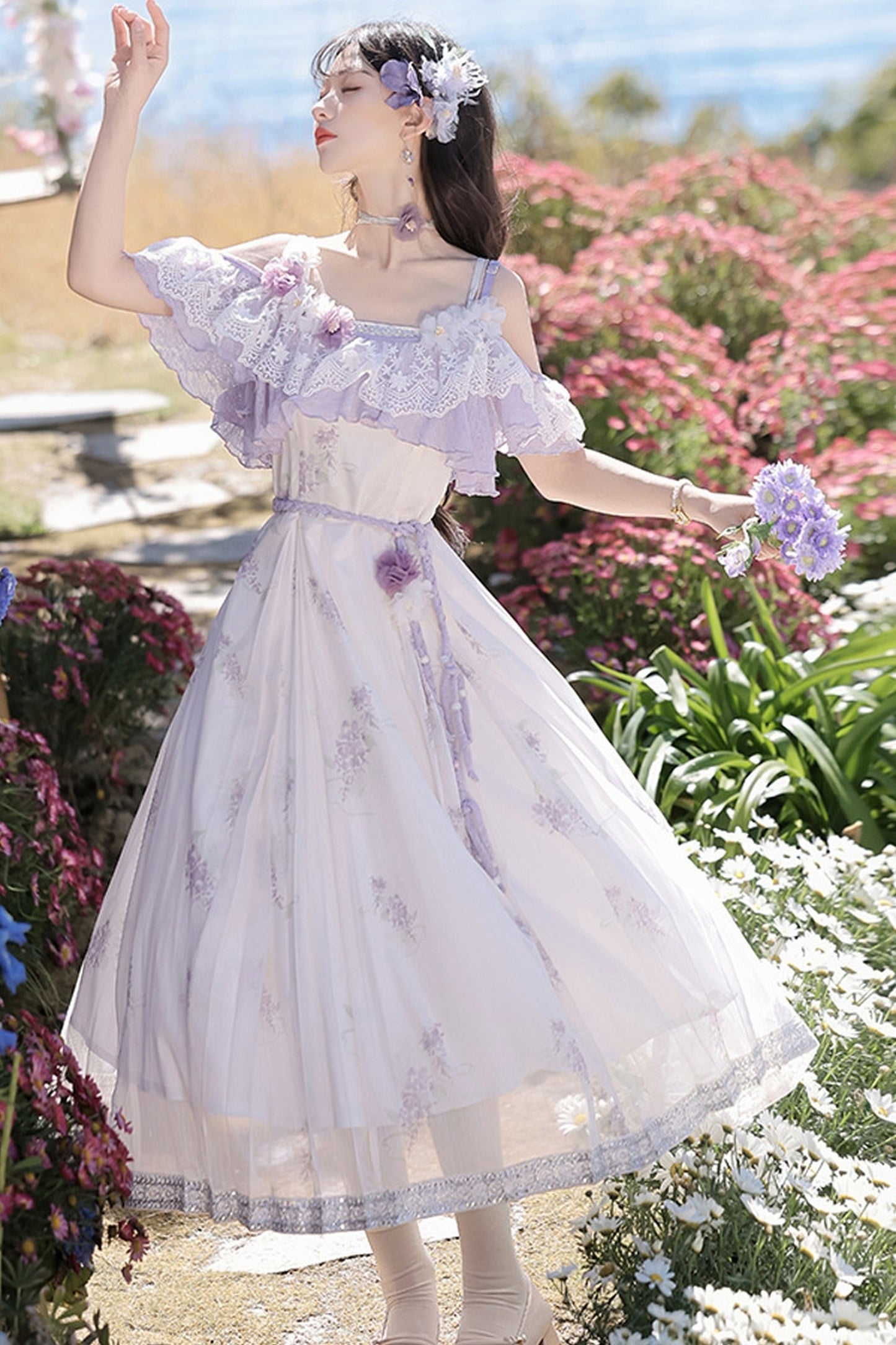 Wisteria Flower New Chinese Style Suspender Skirt and Top Set