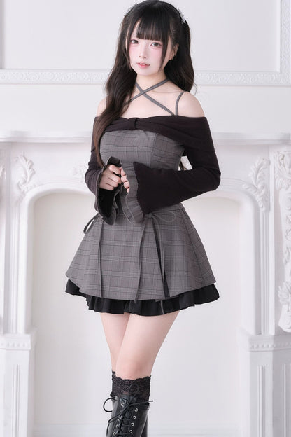 Top con lazo y hombros descubiertos estilo jirai kei + falda