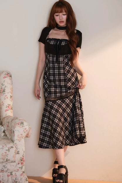 [Vorbestellung] Klassisches kariertes langes Kleid + Cardigan