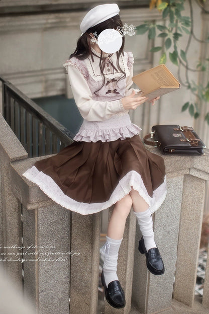 Pink Brown JK Pleated Skirt and Blouse Set-Up
