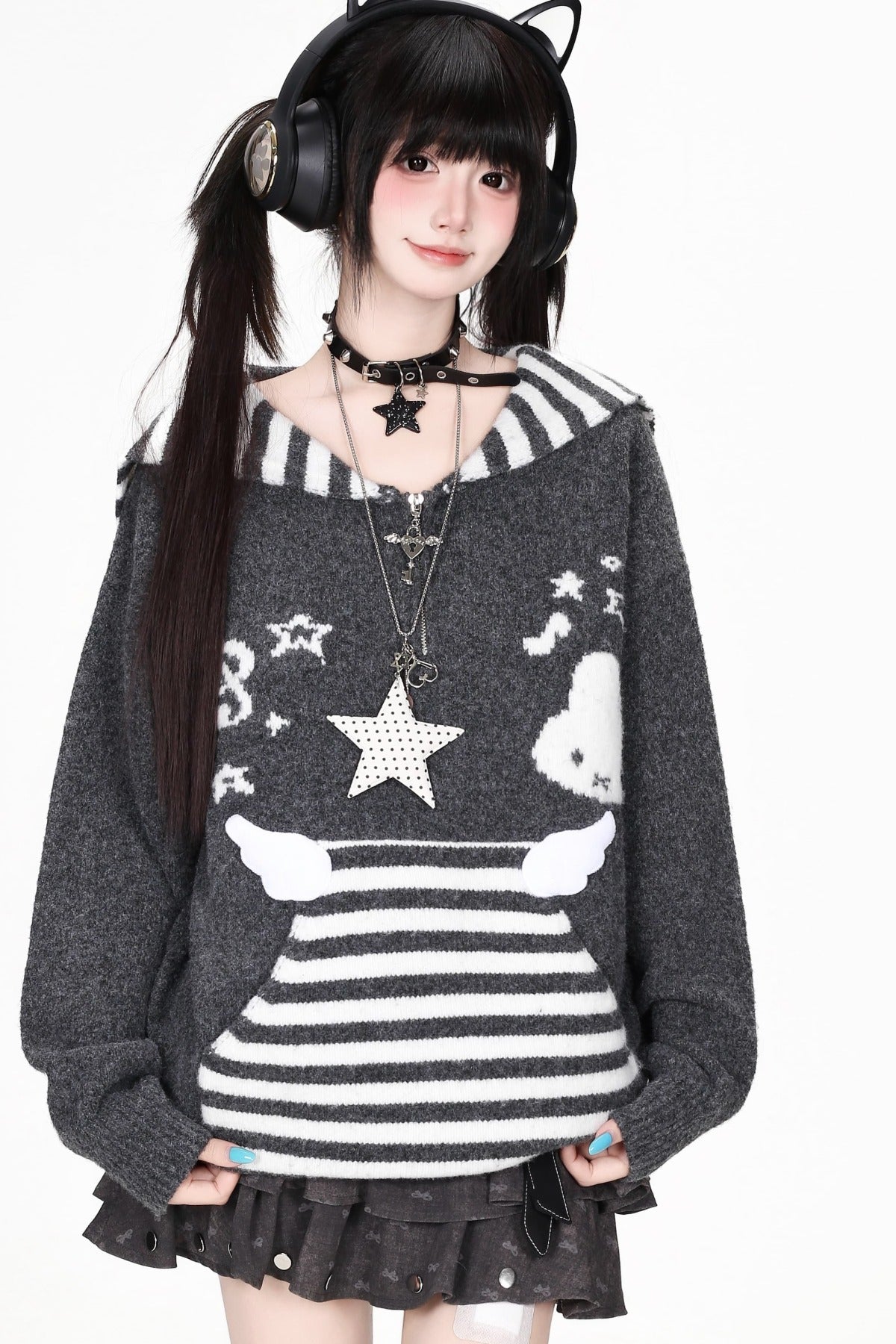 Striped Sailor Collar Bunny Sweater