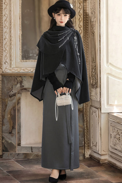 Ensemble jupe et cape en laine de style chinois