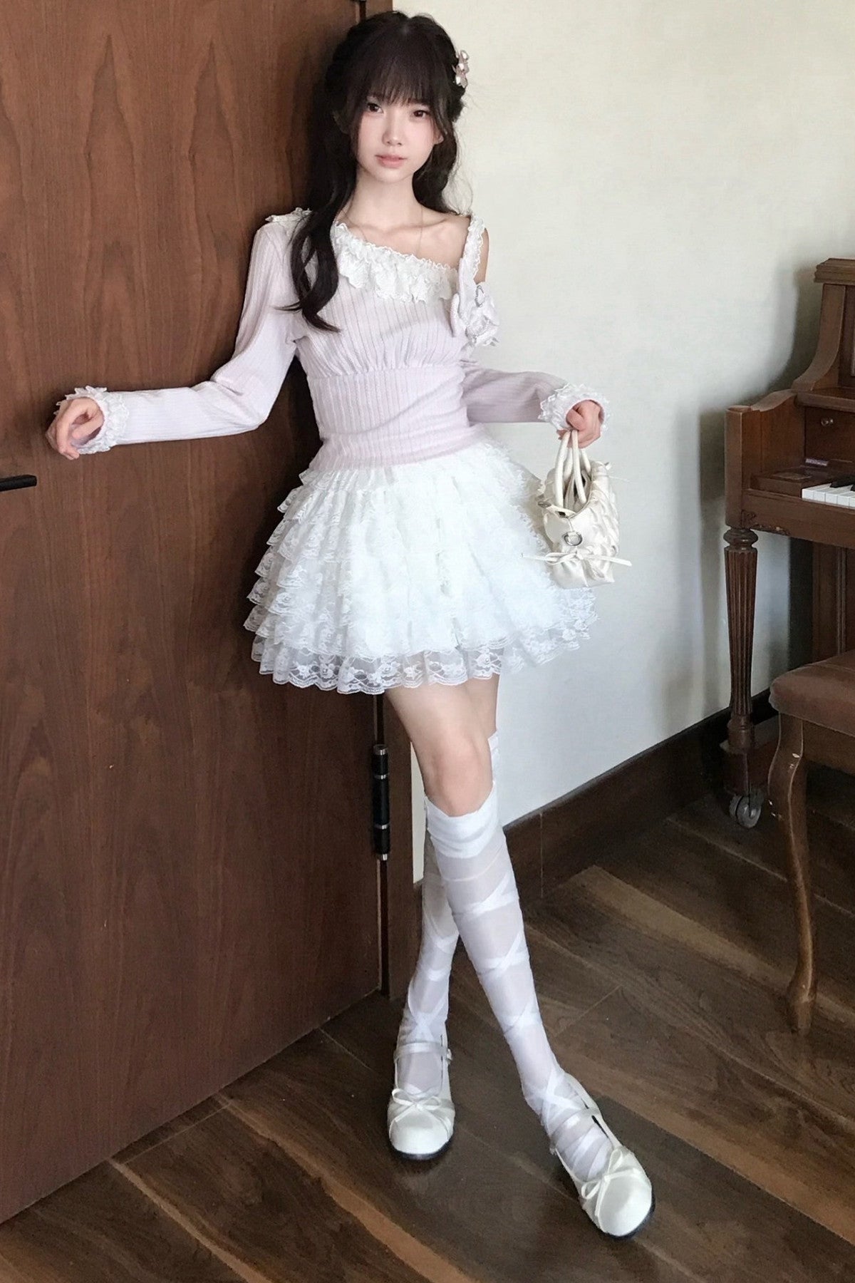 Pink Off-Shoulder Knit Top and Skirt Set