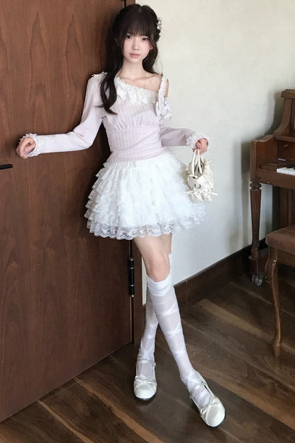 Pink Off-Shoulder Knit Top and Skirt Set